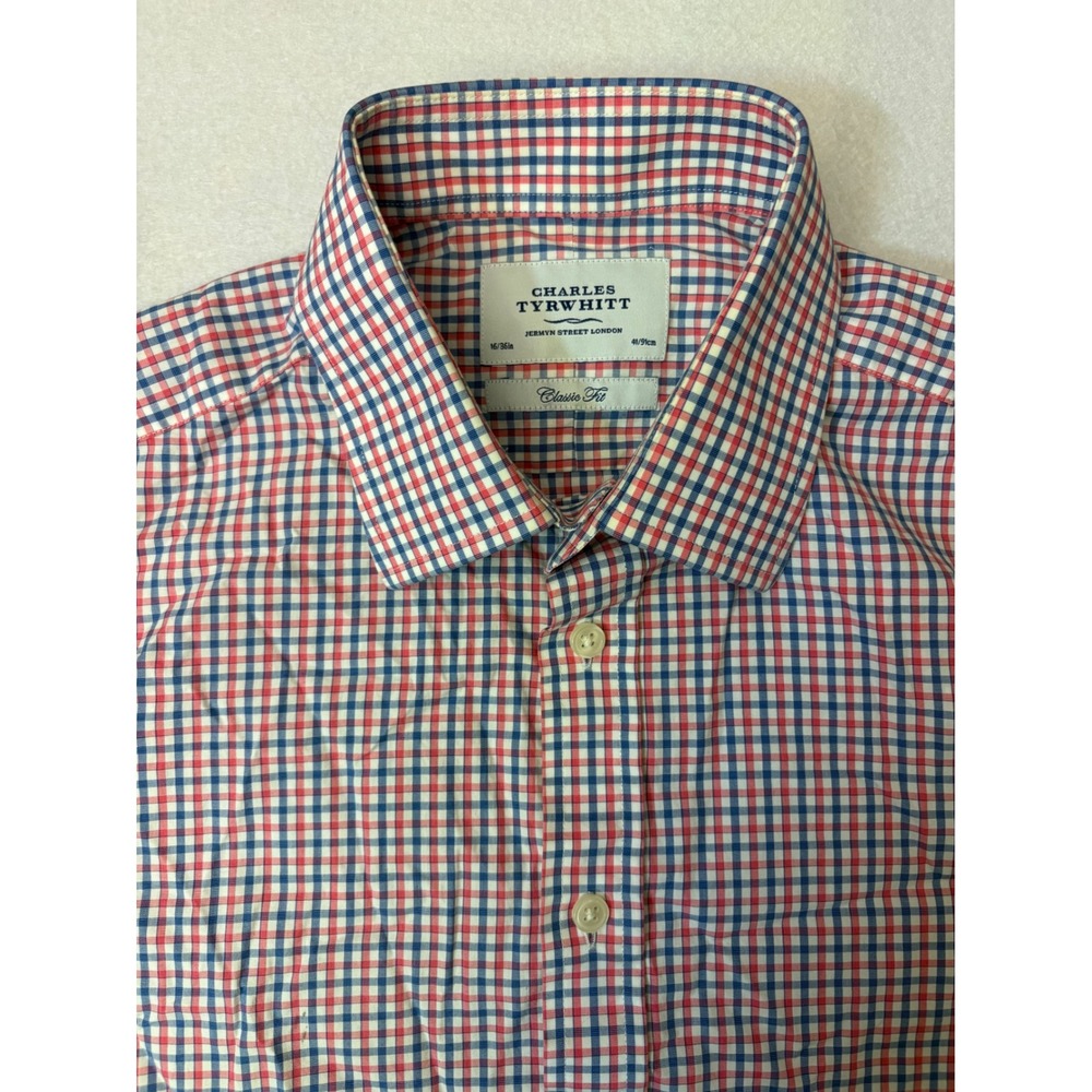 Charles Tyrwhitt Mens Classic Fit Tattersall Check Shirt 16/36 Red Blue Cotton